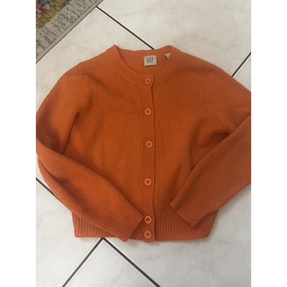 Vtg Vintage GAP Size M Orange 100% Wool Button Front Cardigan Sweater Hong Kong